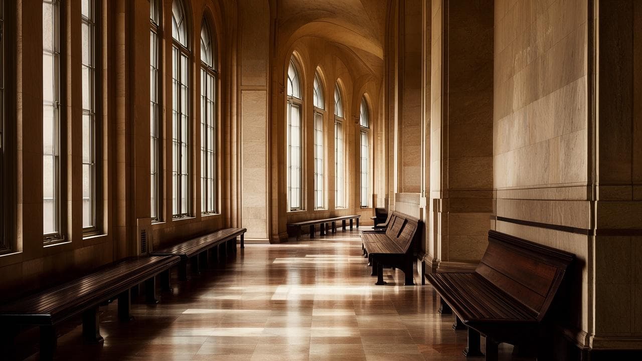 Empty courthouse corridor with wooden benches and tall windows