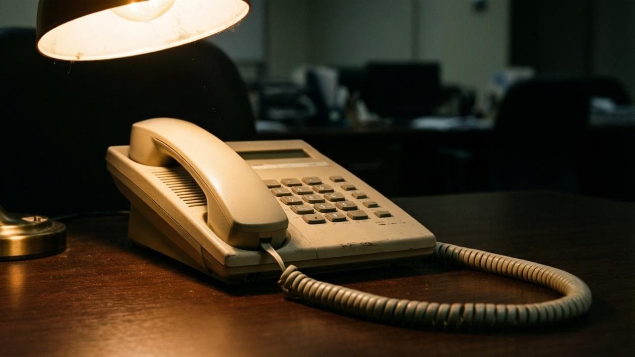 Beige office desk telephone under a lamp in a dark, empty office