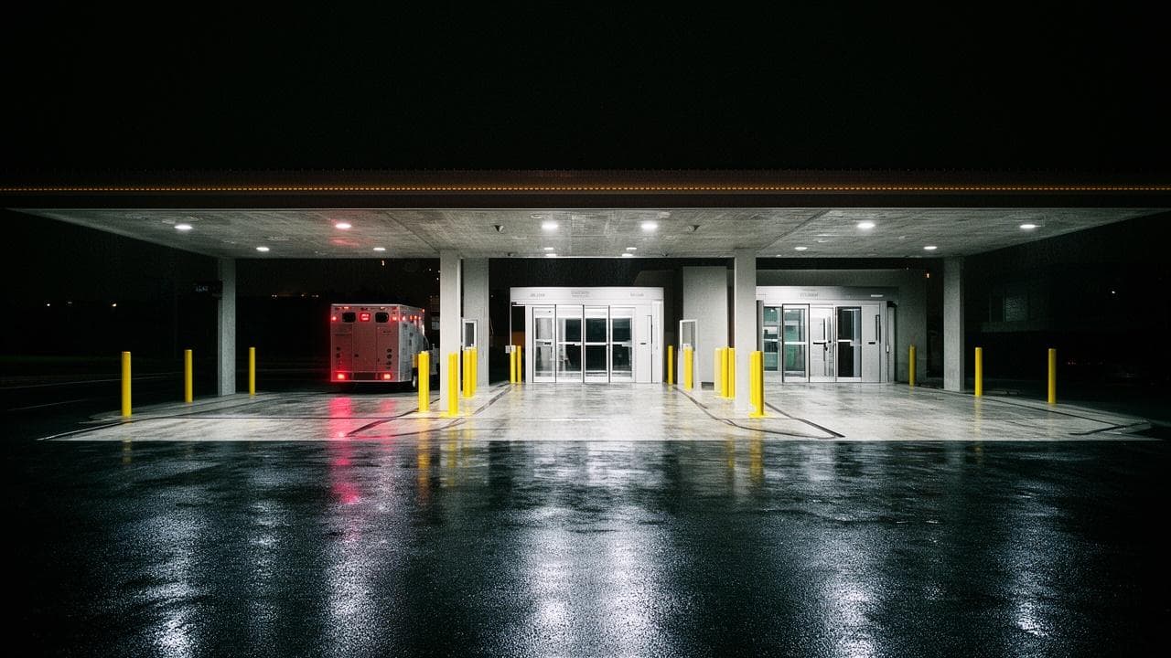 Hospital emergency entrance canopy at night in the rain