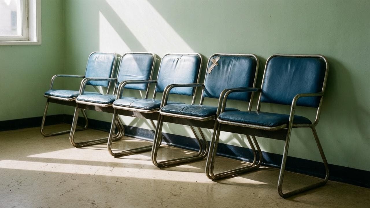 Row of empty waiting room chairs in hard window light