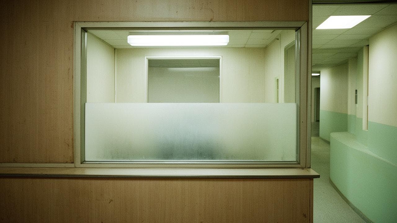 Closed frosted reception window in an empty clinic hallway