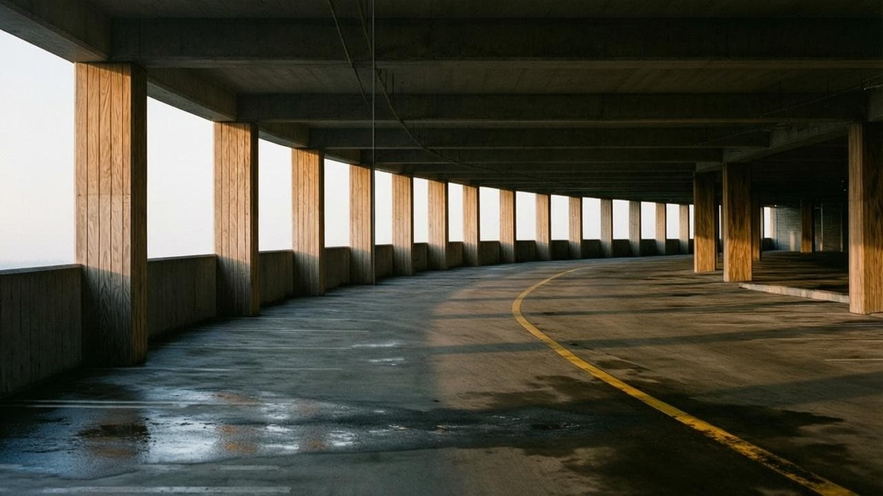 Empty concrete hospital parking structure at dawn
