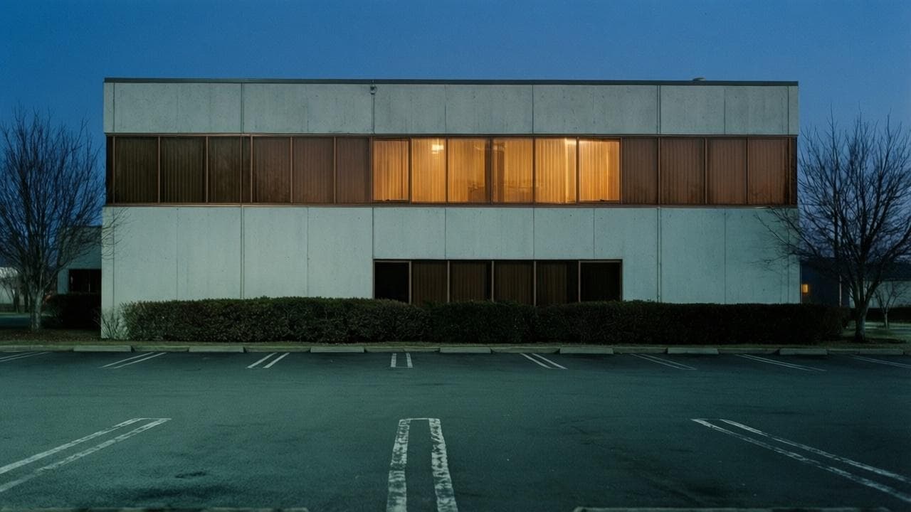 Modern medical office building at dusk with lit windows