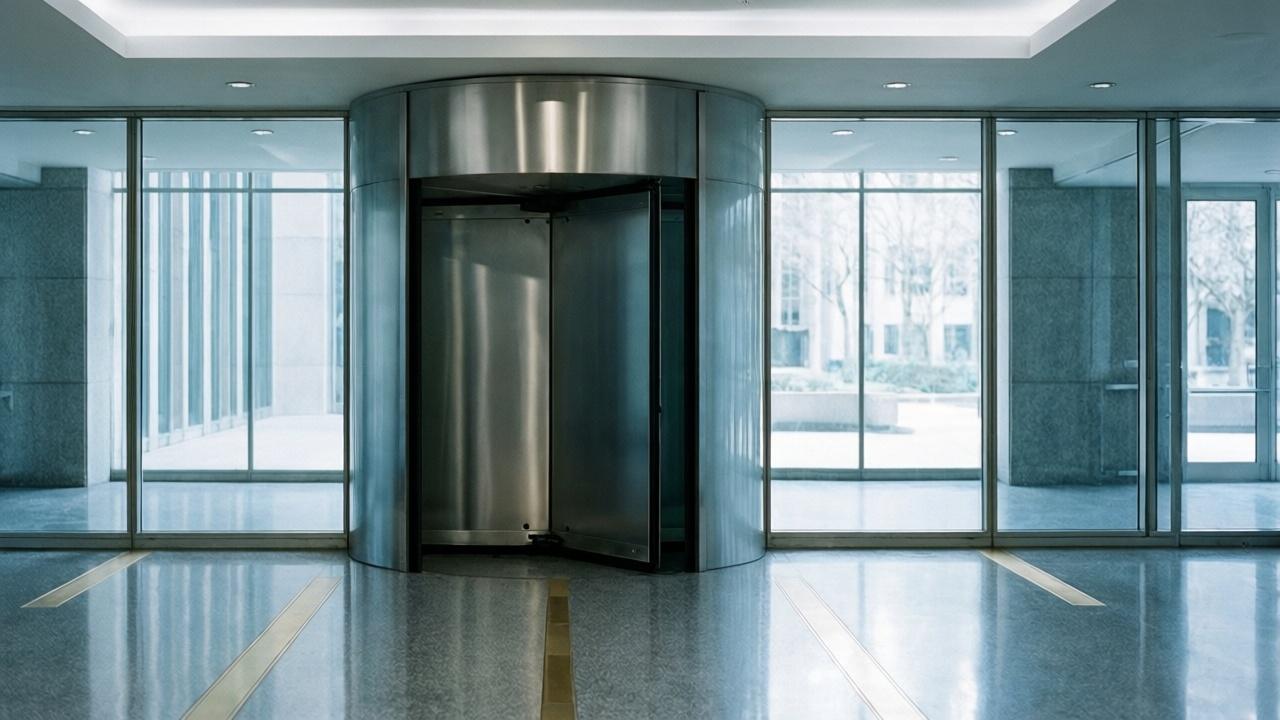 Empty corporate office lobby with a steel revolving door
