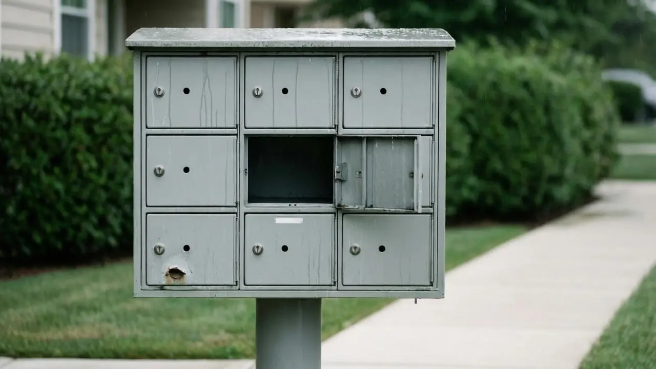 Bank of community mailboxes with one door left open