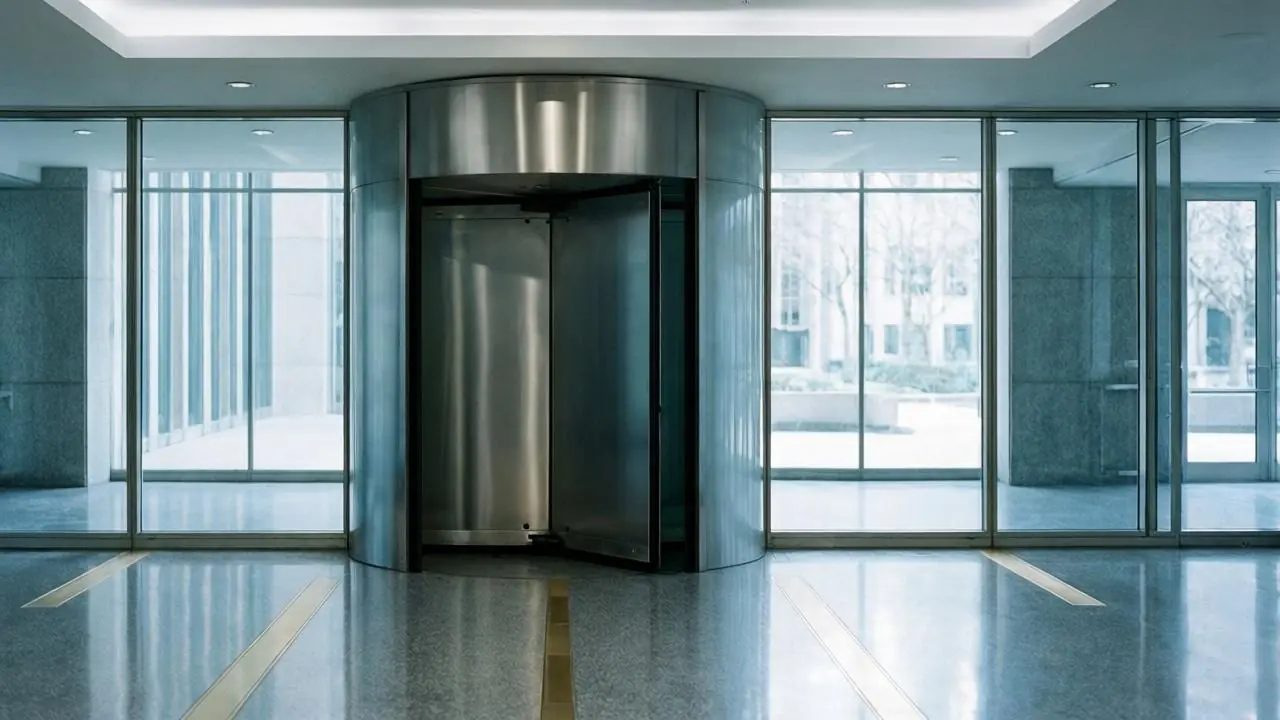 Empty corporate office lobby with a steel revolving door