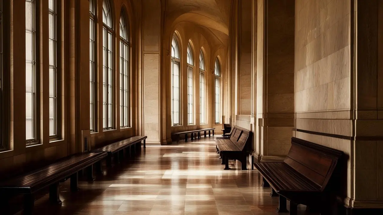 Empty courthouse corridor with wooden benches and tall windows