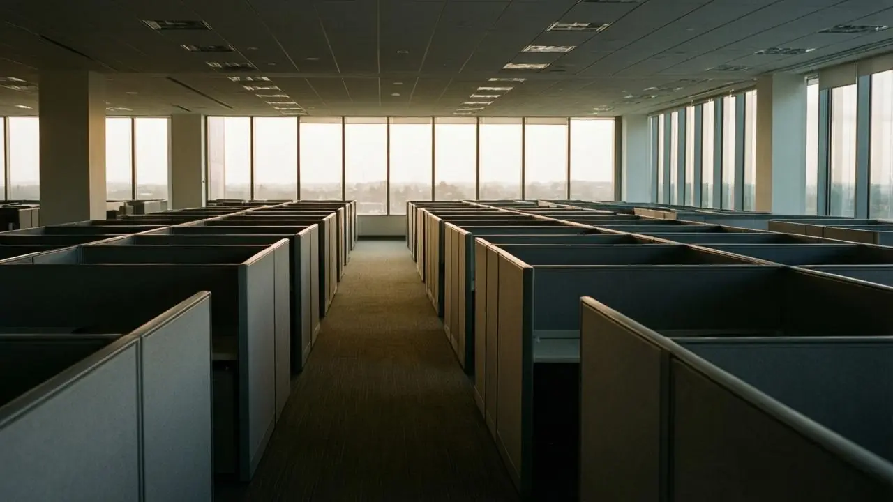 Rows of empty office cubicles under flat overhead light