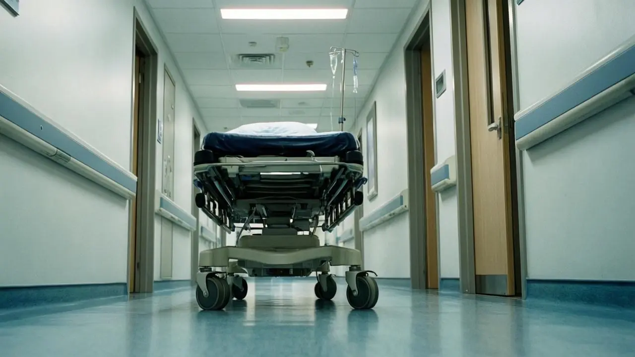 Empty gurney standing alone in a bright hospital corridor