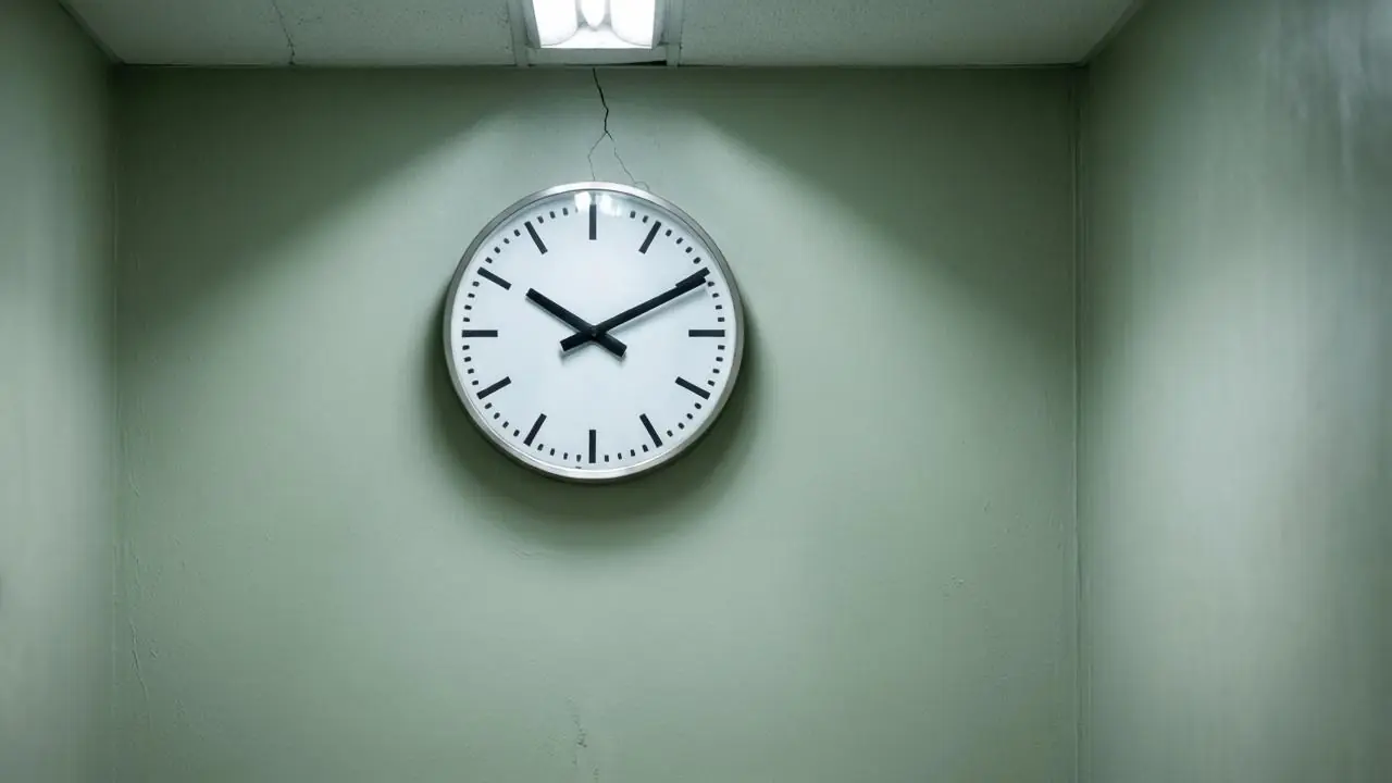 Plain wall clock on a bare institutional corridor wall
