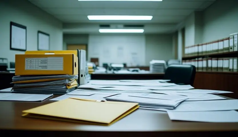 Cluttered desk piled with unpaid medical paperwork