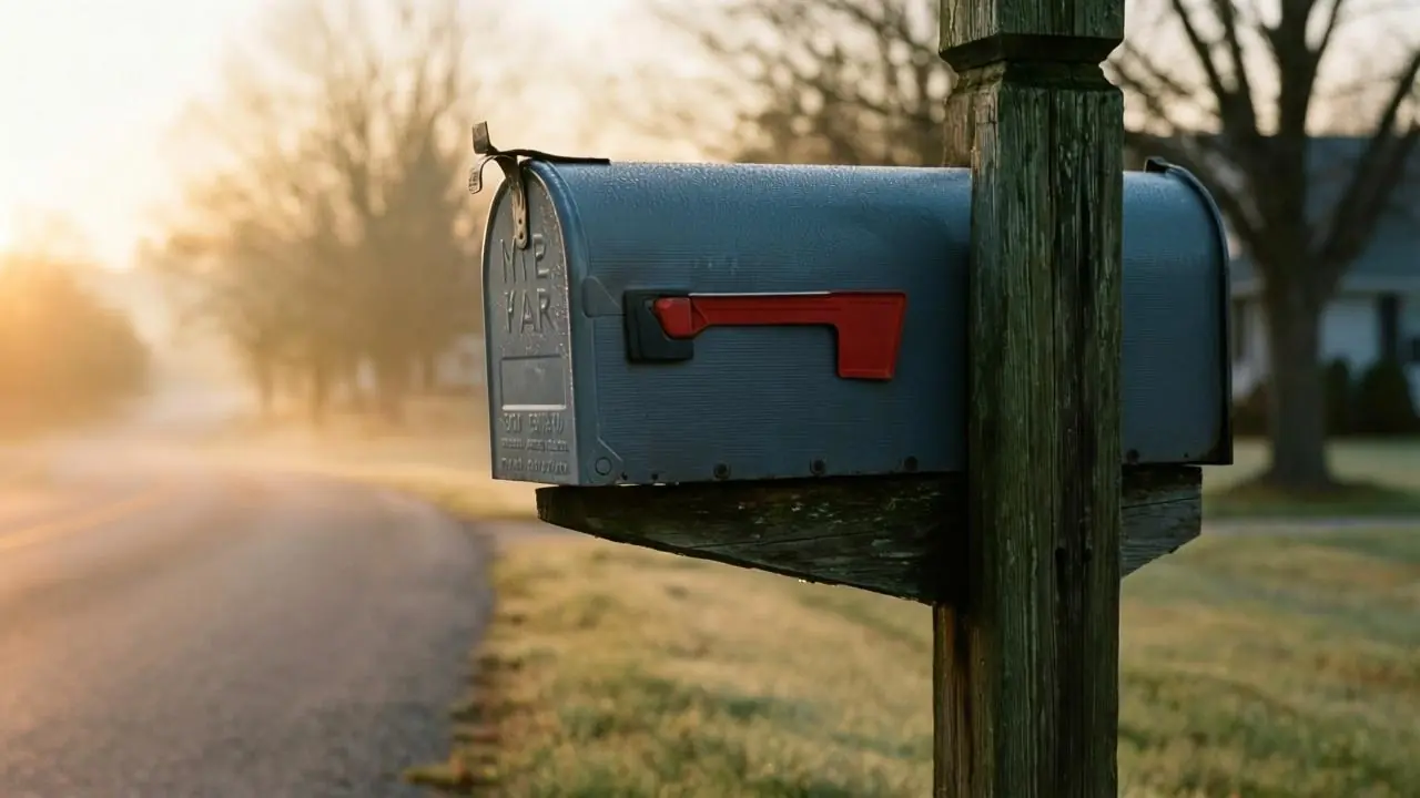 Roadside mailbox on a quiet suburban street at sunrise