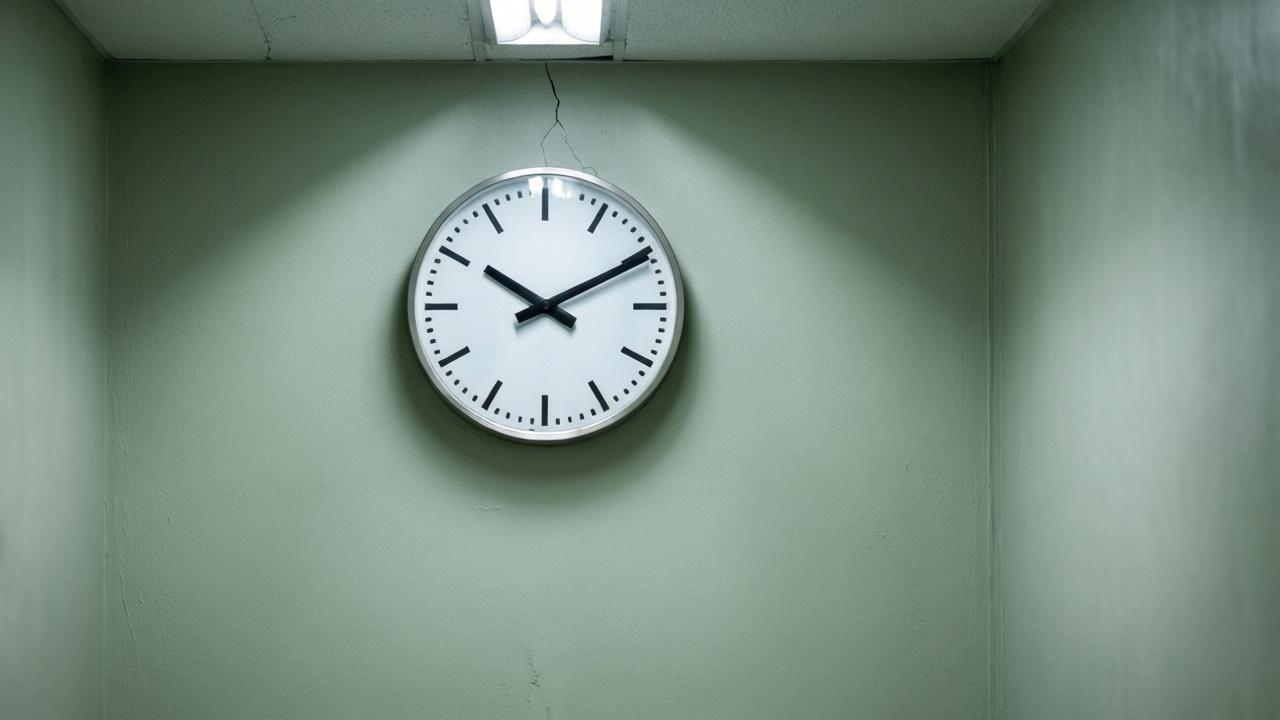 Plain wall clock on a bare institutional corridor wall