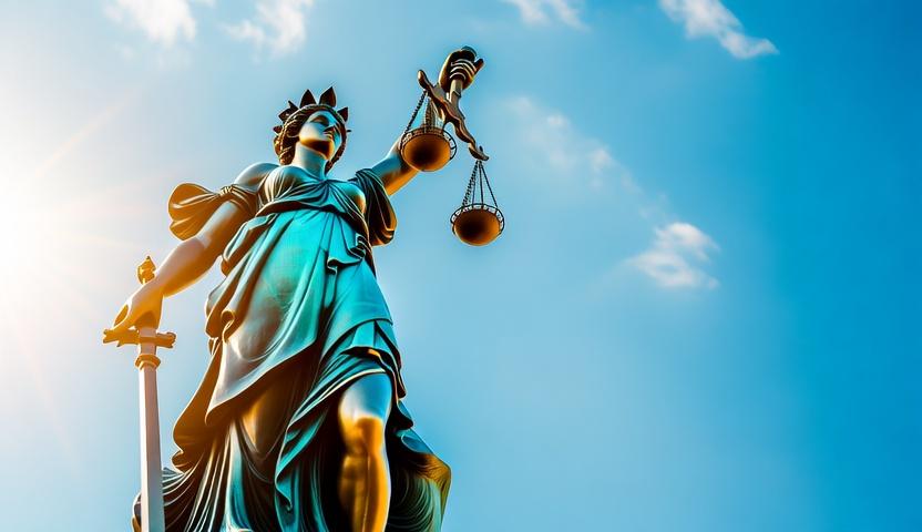 Statue of Lady Justice holding scales against a blue sky